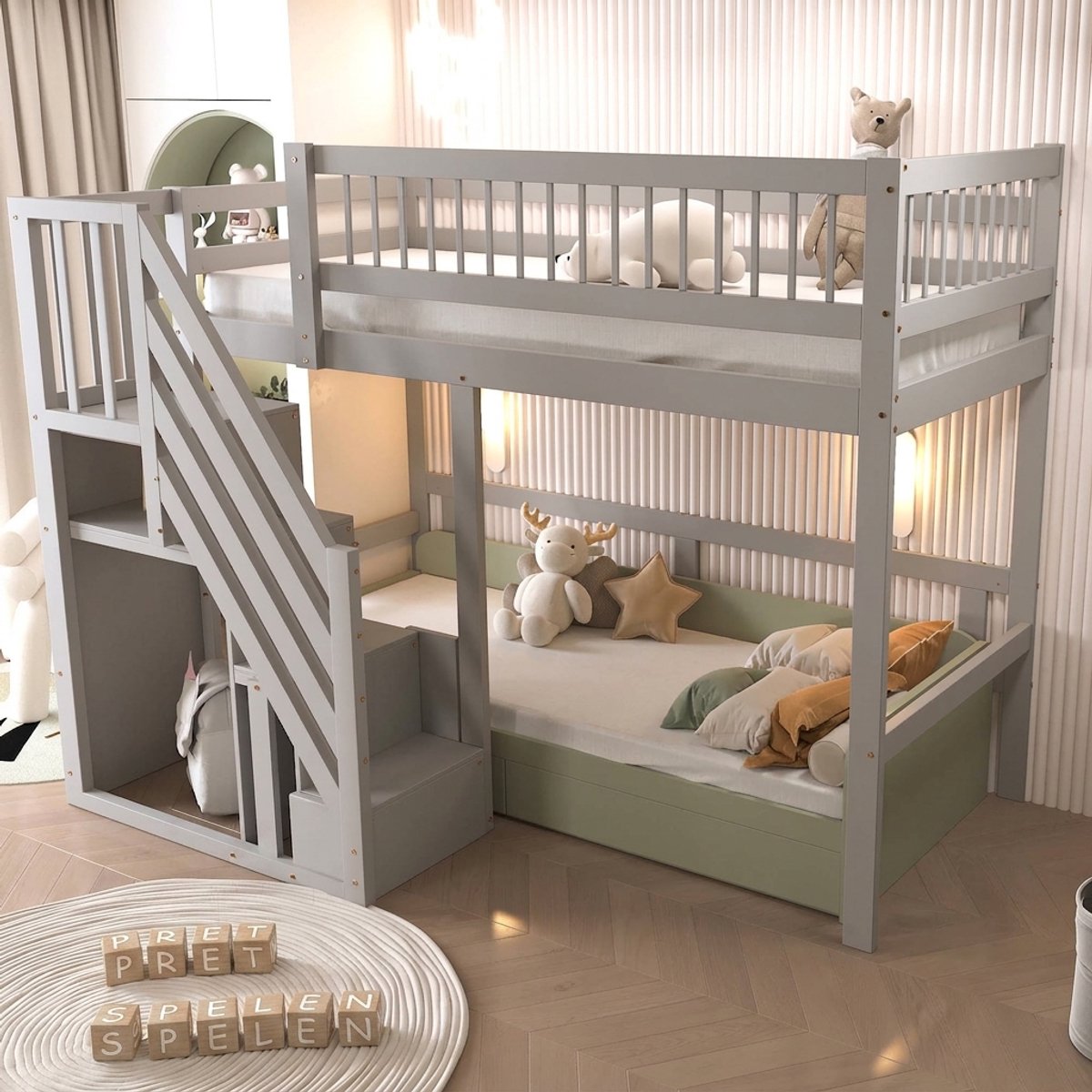 Massief houten hoogslaper - Kinderbed met opbergtrap - Ingebouwde kasten - Ruimte voor bureau - Hoge omheining - Slaapkamer - 90x200 cm - Grijs
