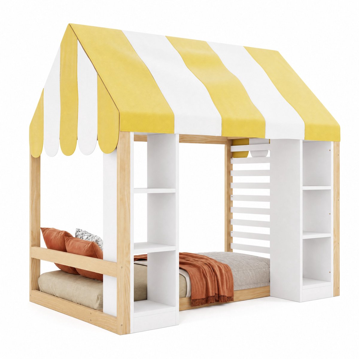 WUVRIE Hoogslaper 90x200 cm met hemel, opbergruimte en houtlook, wit/naturel