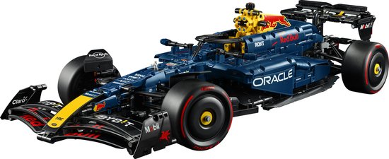 LEGO Technic Oracle Red Bull Racing RB20 auto: donkerblauw, geel, rood met logo's. Zwarte banden met rode ringen.