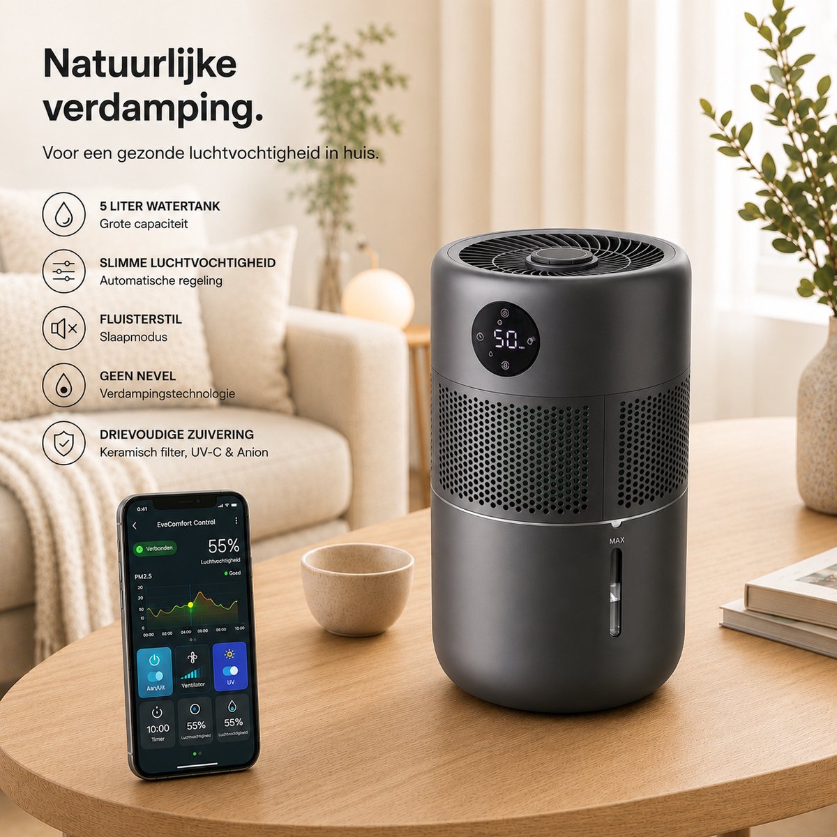 JC's - Luchtbevochtiger - luchtbevochtigers en luchtreiniger 3 in 1 - Aromatherapie - 5 Liter - Wifi - UVC lamp - Top Filling - Humidifier - Woonkamer, Slaapkamer, Kantoor, Babykamer - Hygrometer thumbnail 2