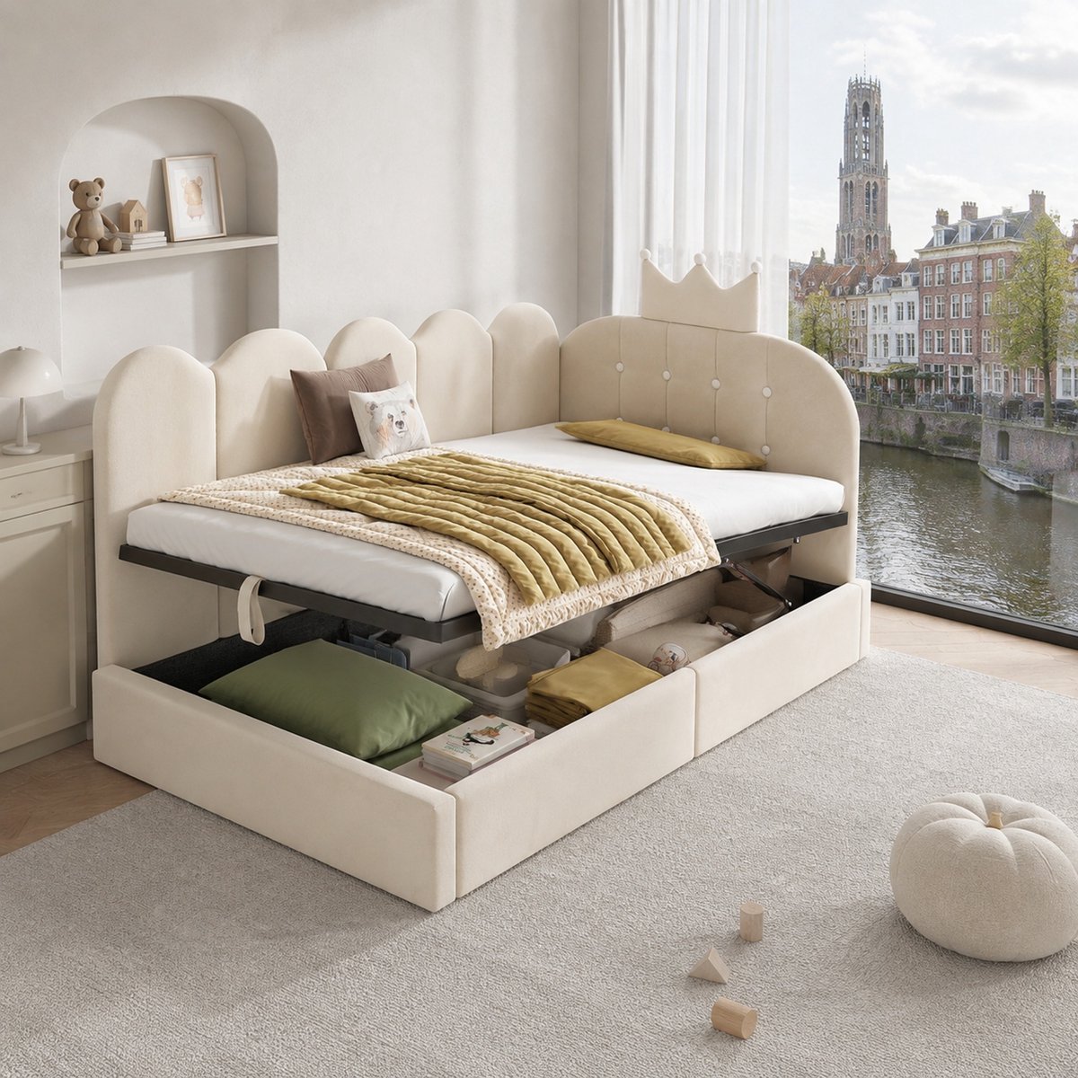 WUVRIE Bedbank 90x190 cm met opbergruimte, kroonvormig hoofdbord en lattenbodem in beige