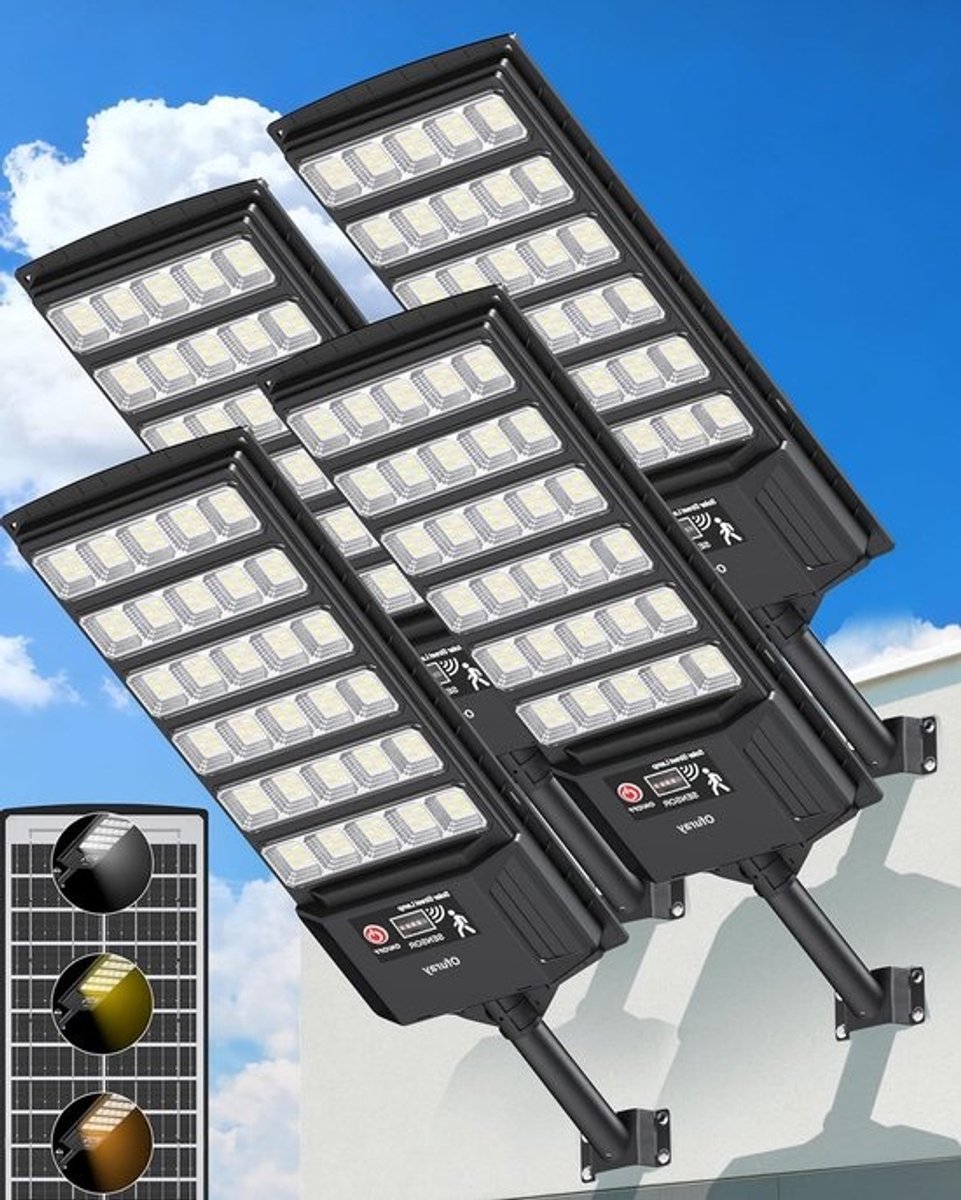 Straatlantaarn op zonne-energie - Zonnelamp buiten - Veiligheidsverlichting - Met bewegingsmelder - 4 stuks - Grijs