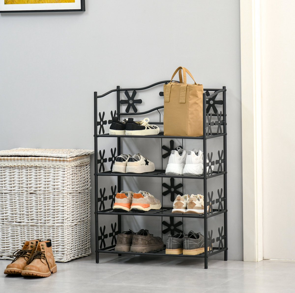 REDOM - Schoenenrek / plantenrek - 4 etages open opbergrek - Staand rek - Met bloemendecoratie - Voor binnen - Metaal - Zwart - 59,5 x 30 x 92 cm