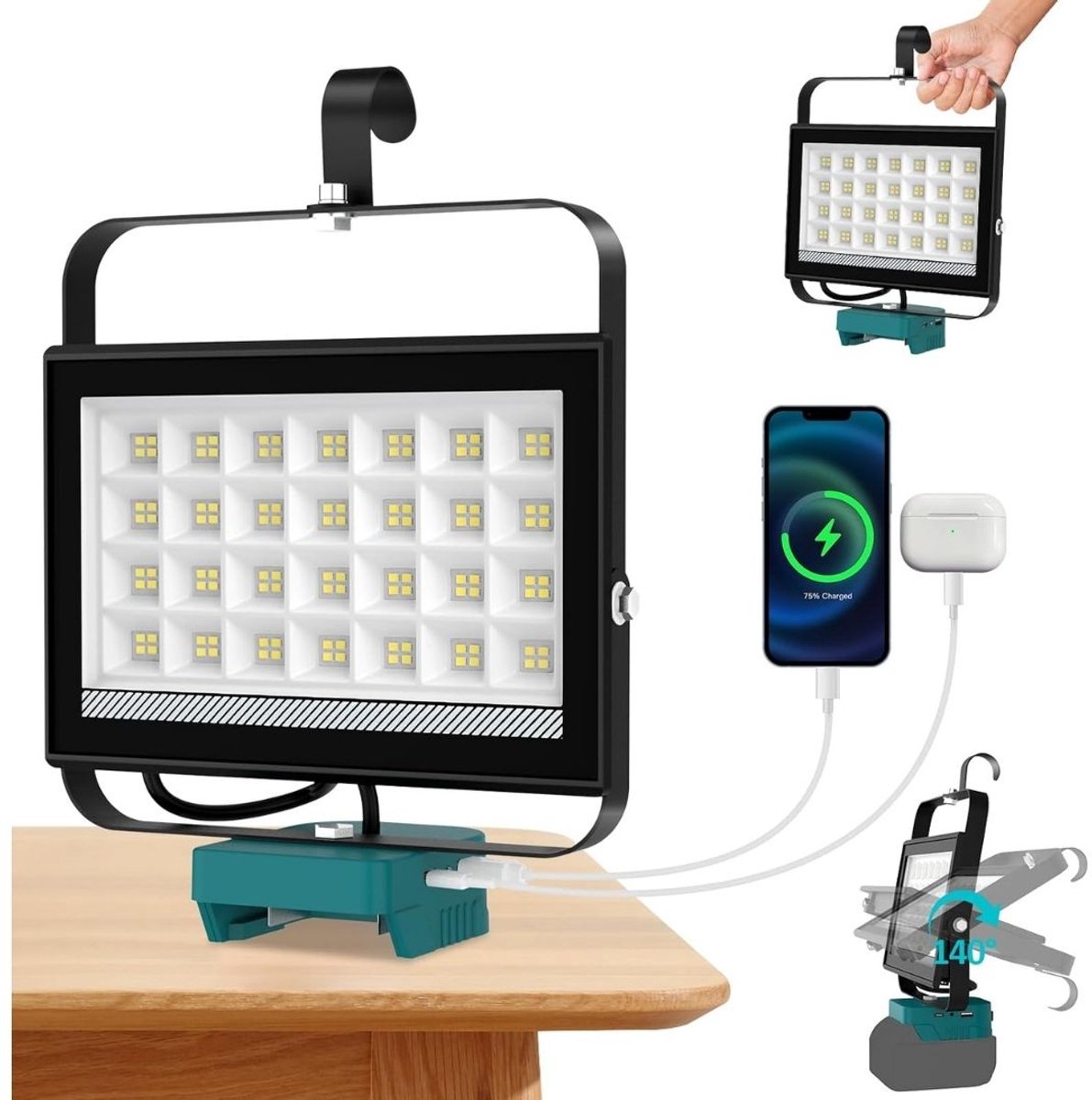 TYR® Bouwlamp - Werklamp oplaadbaar - LED Werklamp - Zwart - 23cm x 10cm x 23cm