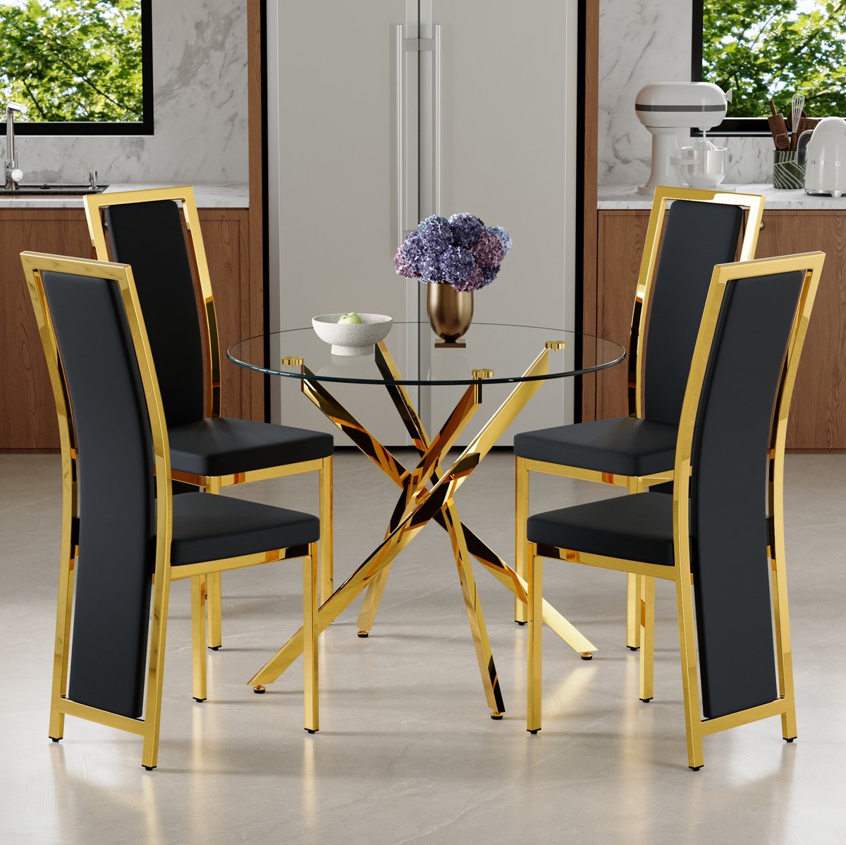 MODFU - Ronde Eettafel - 4 Stoelen - Glas - Zwart Goud - Modern