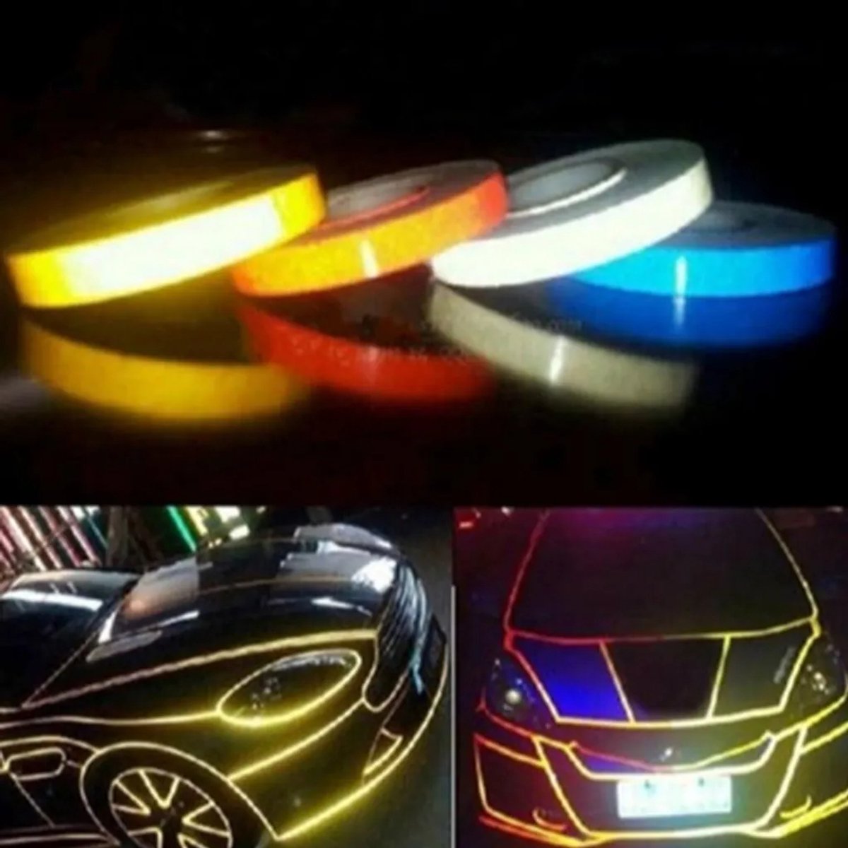 Deze set zelfklevende reflecterende tape bevat 3 rollen (elk 3 meter) en 10 reflecterende stickers. De tape heeft een sterke kleefkracht, een hoge reflectiviteit (tot ongeveer 100 meter breed) en is veilig en voertuigen.