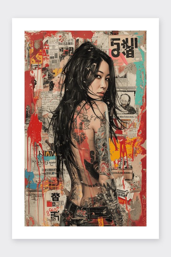 Vrouw met lang zwart haar en tatoeages, afgebeeld op een collage-achtergrond van krantenknipsels met rode verfspatten.