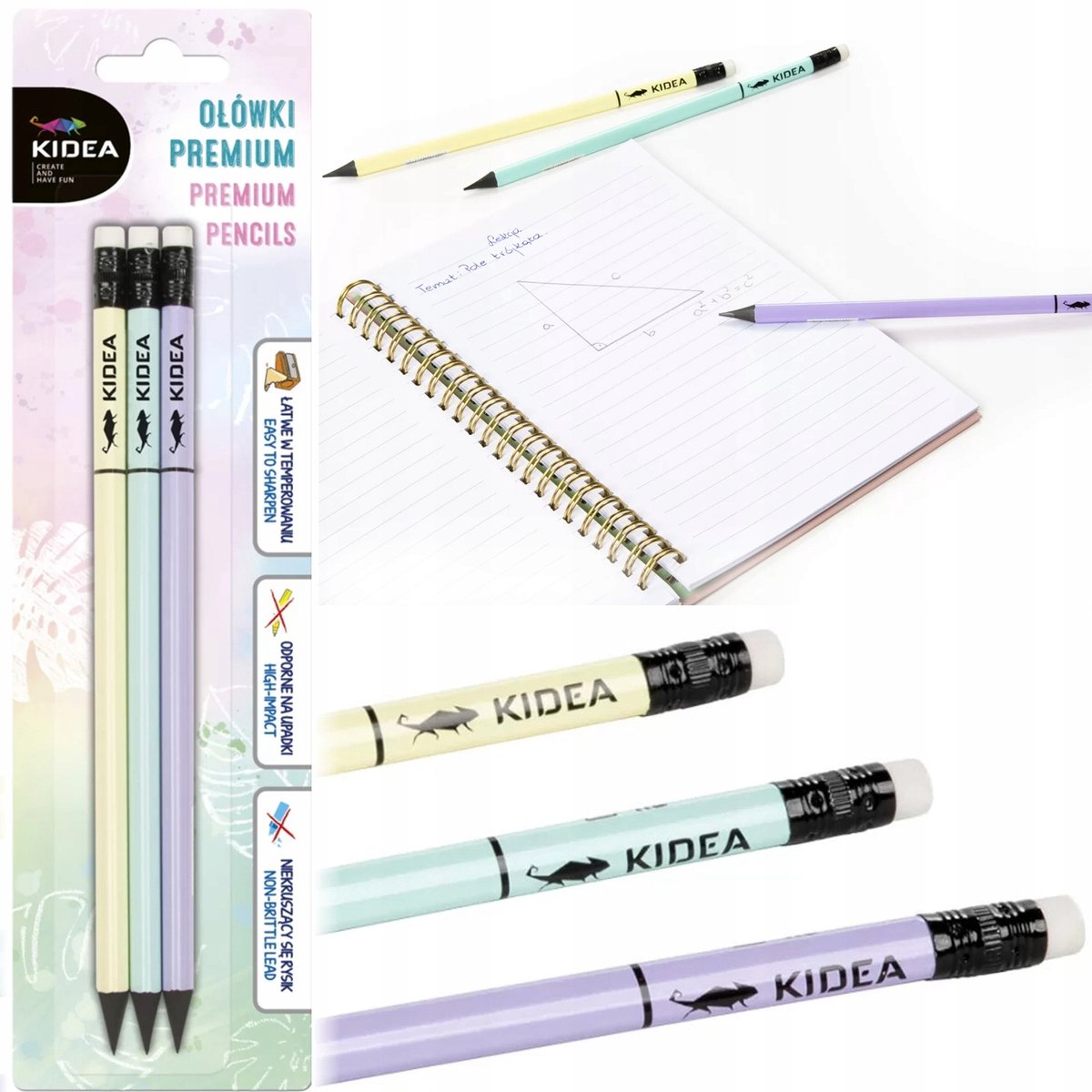 Kidea Premium Pastel Potloden met Gum, HB, 3 stuks
