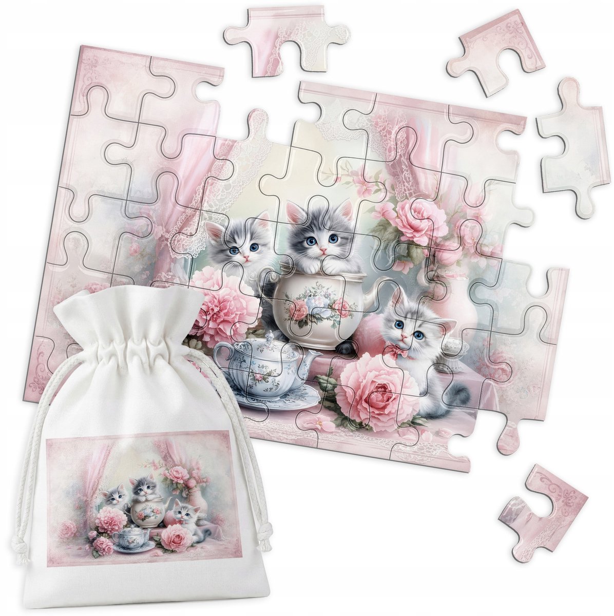 Merkloos Puzzel Drie Kittens & Rozen - 35 stukjes