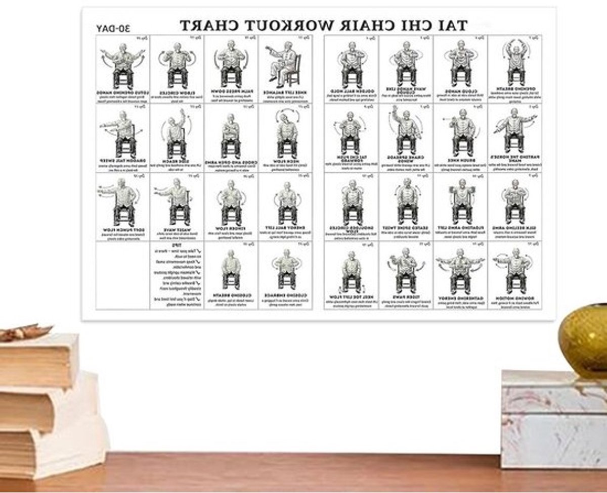 Stoelyoga Poster - Zittende Fitness Handleiding - Thuis Trainen - Geen Vloer Nodig - 45x30 cm - Missen