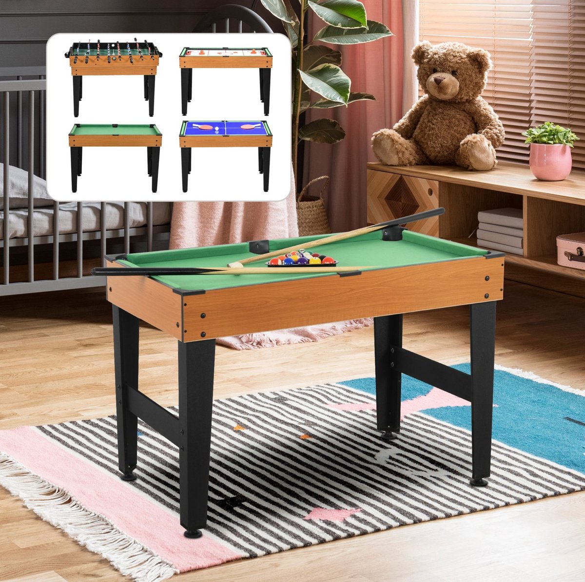 REDOM - Multigame spieletafel - 4-in-1 spelopties - Tafeltennis, kicker, biljart en tafelhockey - Metalen frame - Hout en metaal - Naturel hout zwart groen - 107 x 61 x 84,5 cm