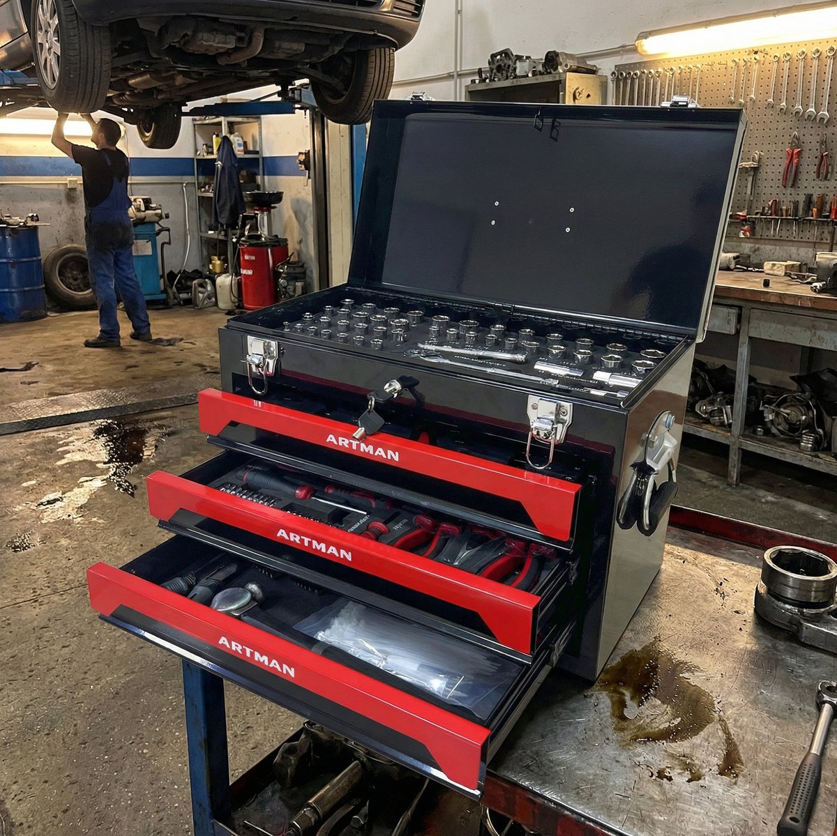 MODFU-Gereedschapskoffer-Stalen-3-Lades-Metalen-Sluitingen-Draaggreep-Zwart-Rood