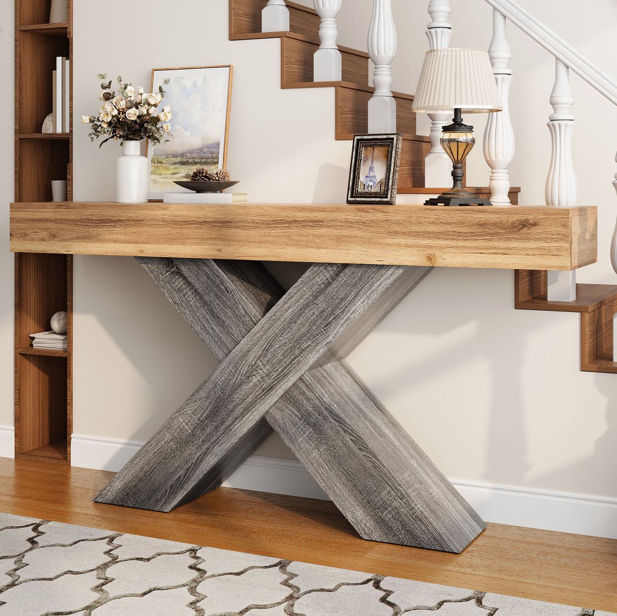 MODFU-Sidetable-Rechthoek-X-Poot-Houtlook-Naturel-Spaanplaat-140 X 30 X 80 Cm