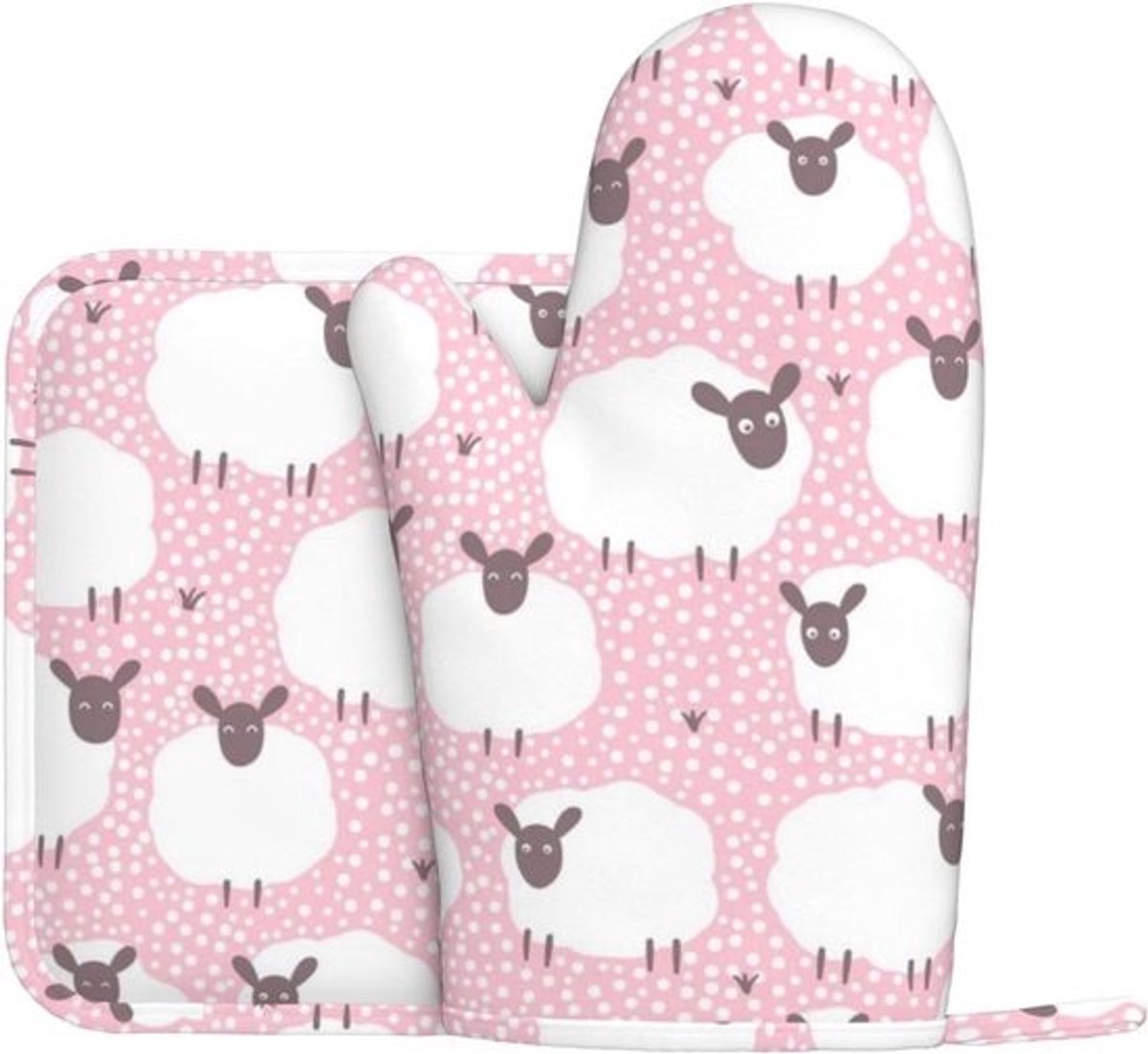 Ovenwanten en pannenlappen set - Keukenwanten hittebestendig - Bakken en koken - Hittebestendig polyester - 2 stuks - Wit met roze