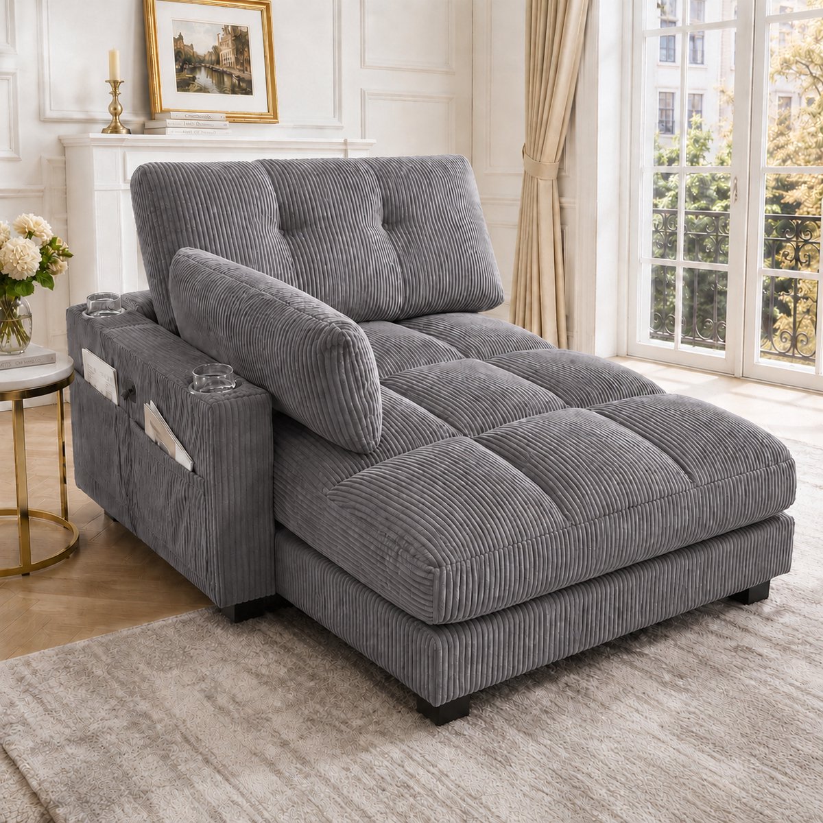 1-zits bankje - 140 x 112 x 81 cm - corduroy bekleding - met opbergruimte - met USB-aansluiting - met bekerhouders - met houten poten - Grijs