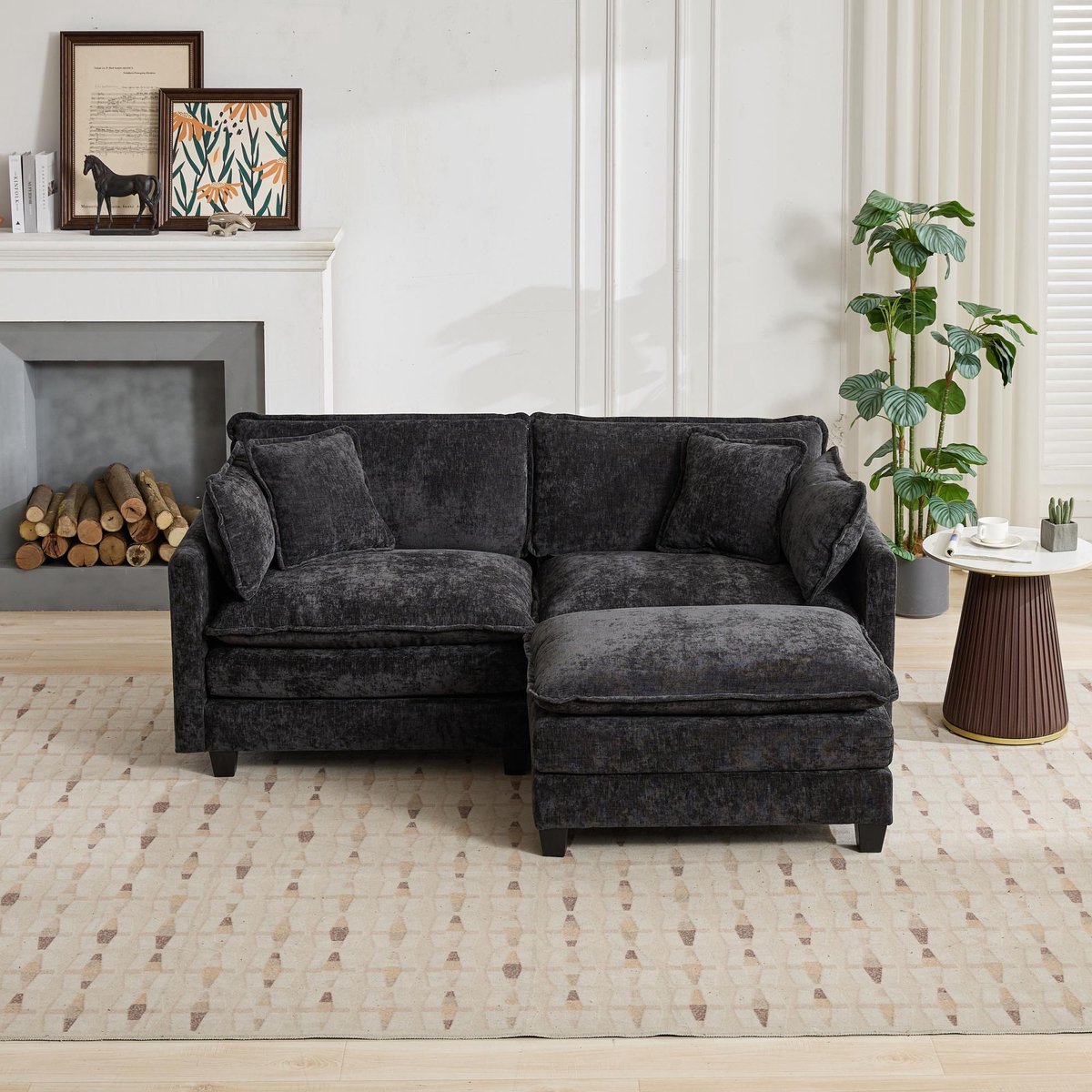 Zitbank - 195 x 75 x 84 cm - chenille bekleding - modulair samen te stellen - met rugkussens - met dikke zitkussens - voor woonkamer en slaapkamer