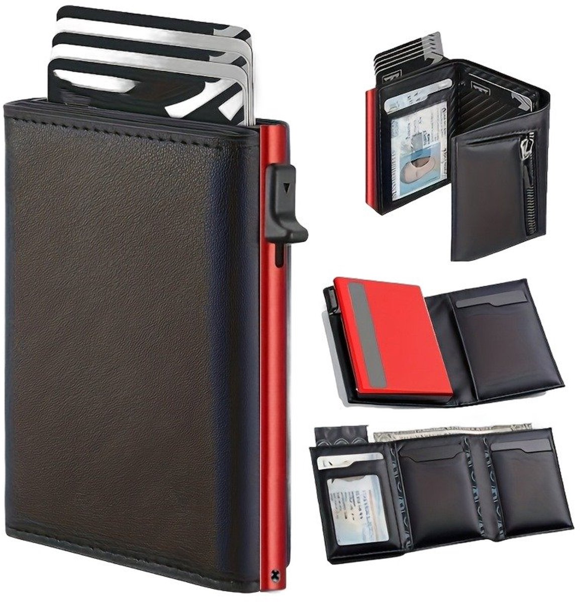 Currero Portomonee - Portemonnee Dames & Heren - RFID Anti Skim - Pasjeshouder - Klein Model - Met Rits - Kunstleer - Zwart + Rood
