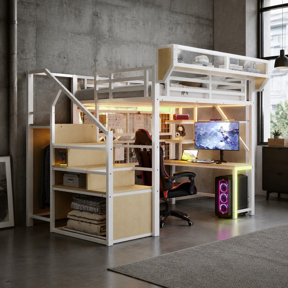 REDOM Hoogslaper met bureau en opbergruimte - Metaal en MDF - Met ladder en uitvalbeveiliging - Met LED-verlichting en stopcontact - Moderne stijl - Wit - 255 x 145 x 191 cm
