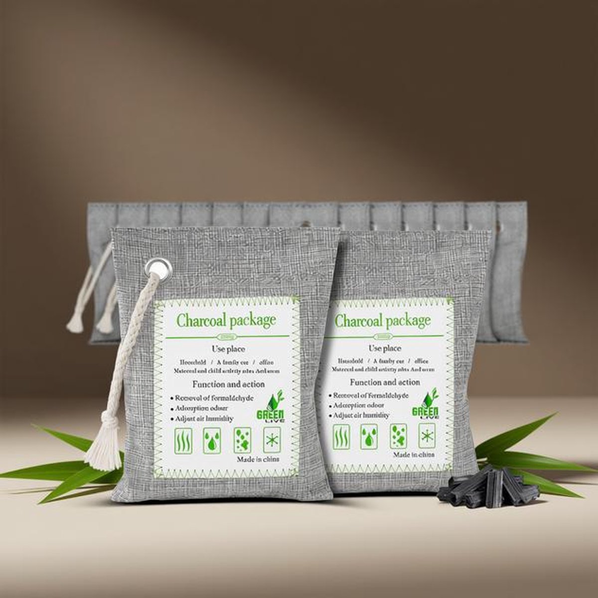 14x Actieve Bamboe Houtskool Zakken Geurabsorbeerder - Luchtzuiverende Zakken voor Thuis, Auto, Huisdieren - 75g en 200g