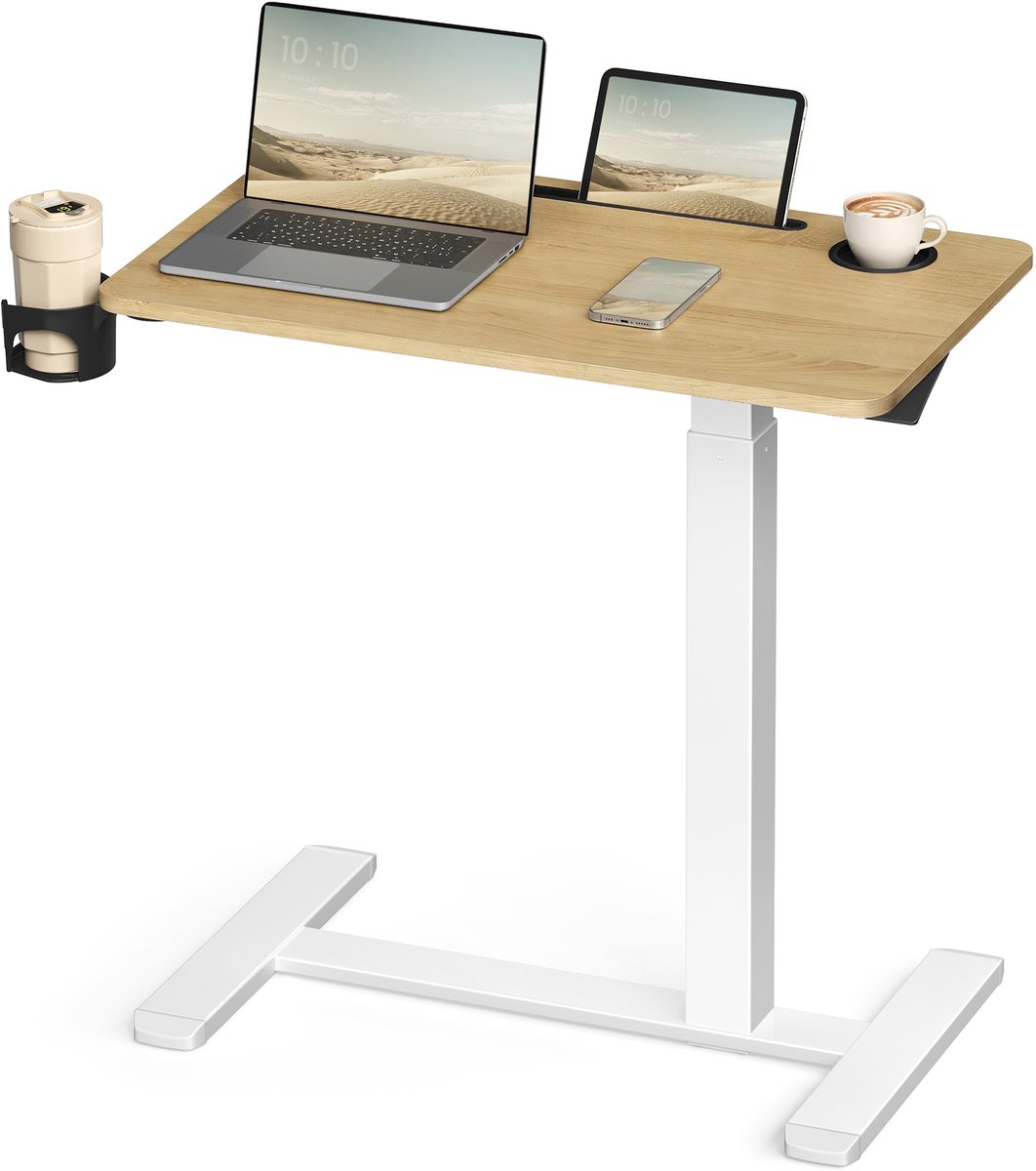 Bijzettafel - Mobiel met Wielen en Bekerhouders - Eikenkleurig-matwit - 70 x 40 x (65-102) cm
