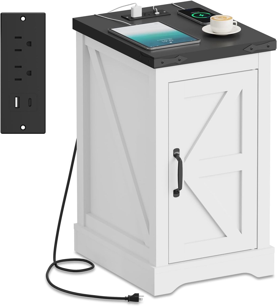 Triumpunpre Nachtkastje met deur, landelijke stijl nachtkast, wit‑grijs bedside kastje voor slaapkamer,nachtkastje voor woonkamer/slaapkamer/kantoor-Wit