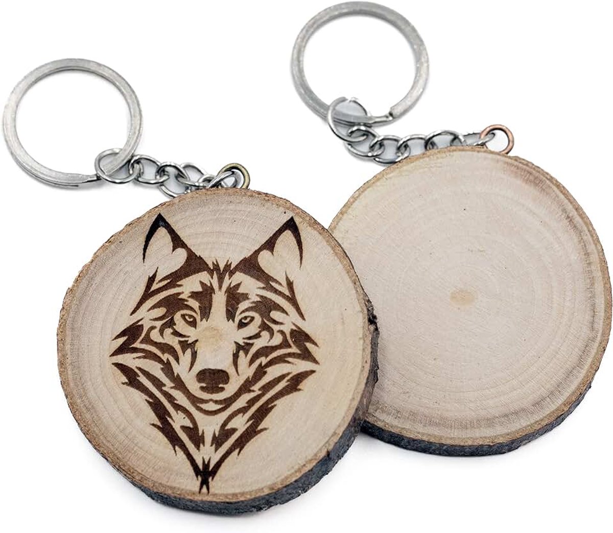 Sleutelhanger van natuurlijk hout met Tribal Wolf Tattoo stijl Wolf, Bruin, Eén maat