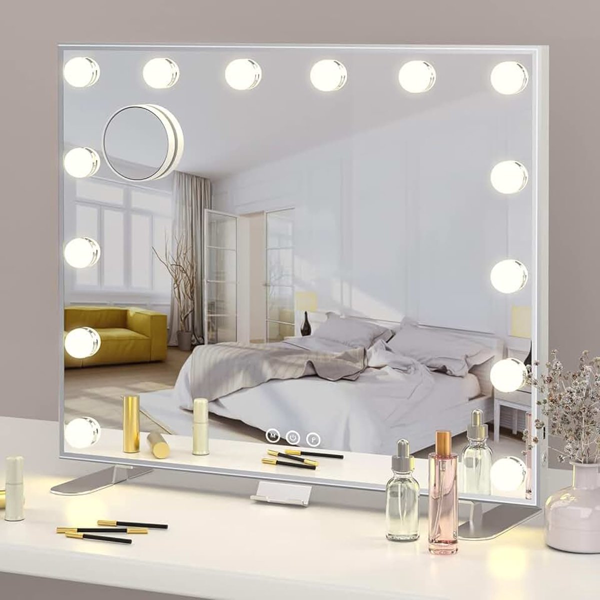 Hollywood Verlichte Make-up Spiegel, Kappersspiegel met USB Oplaadpoort en Telefoonhouder, 14 LED Lampen en 3 Verstelbare Verlichtingsmodi Wandspiegel (60 * 18 * 52.3CM)