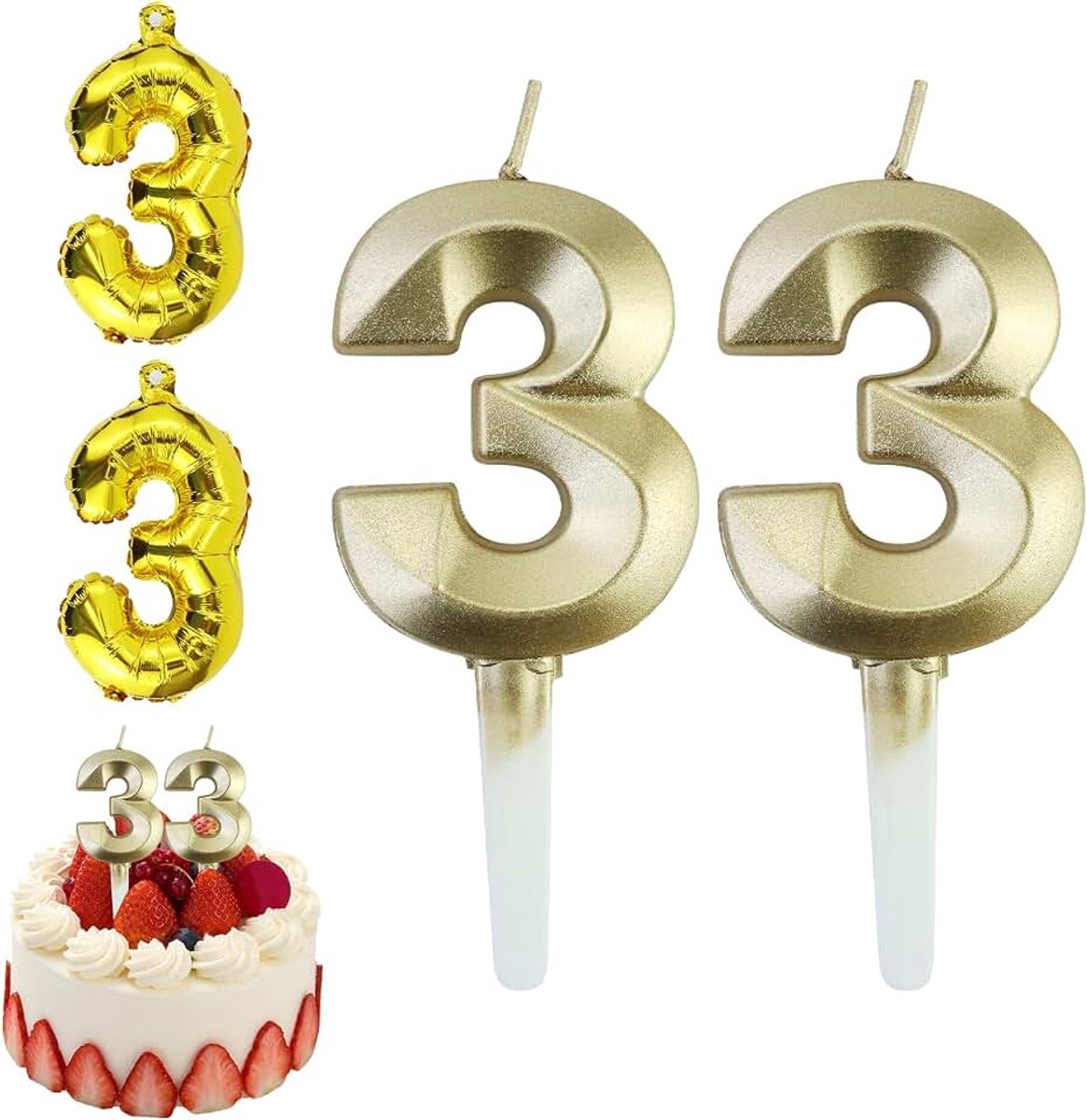 Cijfers 33, gouden verjaardagkaarsen, 3D taartdecoratie, verjaardagskaars, taartdecoratie voor verjaardagsfeesten, bruiloften, bedrijfsfeesten, met 2 gouden ballonnen in de vorm