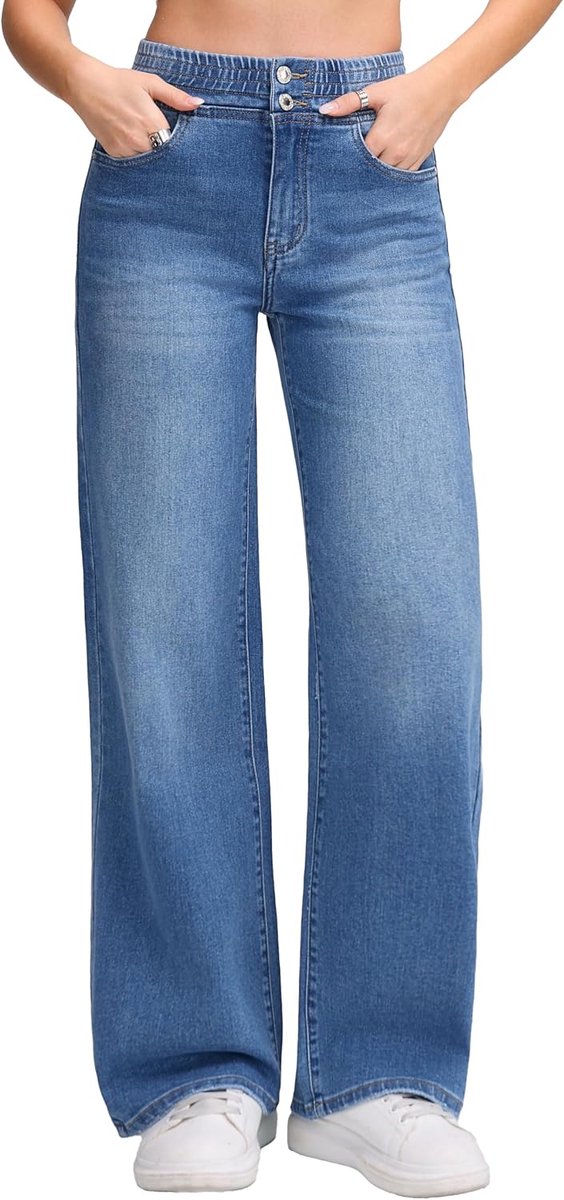 Jeans, elastisch, met trekkoord, brede pijpen, denim, lichte was, casual, zacht, vrije tijd