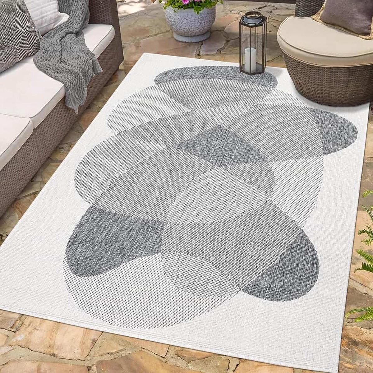 Carpet city Indoor & outdoor tapijt grijs crème - omkeerbaar tapijt - 160x230 cm - abstract geo-patroon - weerbestendig voor balkon, terras - moderne tapijten voor binnen woonkamer keuken