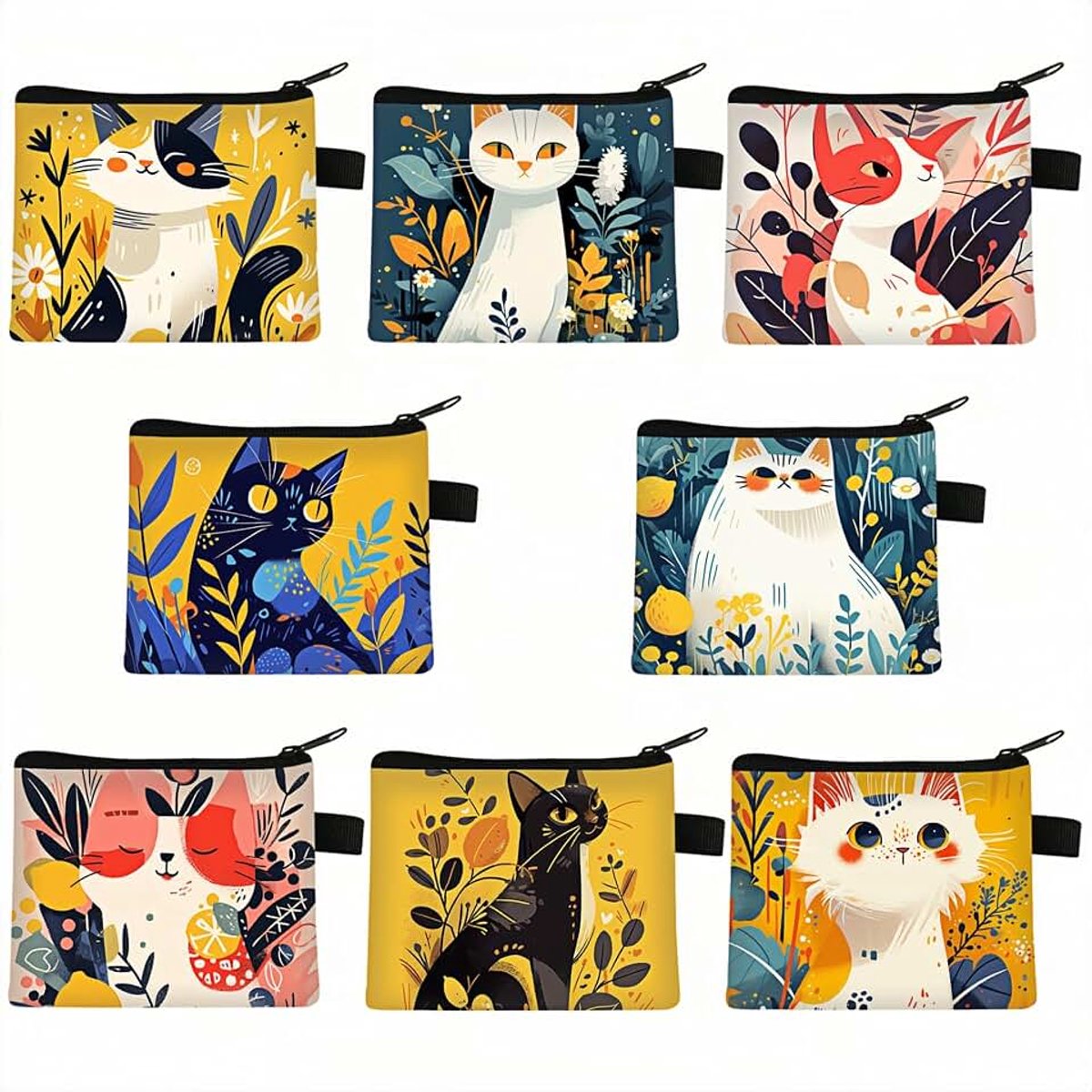 8 stuks schattige kattenmuntzakjes, mini-kinderportemonnee, set met ritssluiting, kleine damesportemonnee, cosmeticatas voor munten, koptelefoon, sleutels, lippenstift, kaarten (8 designs)