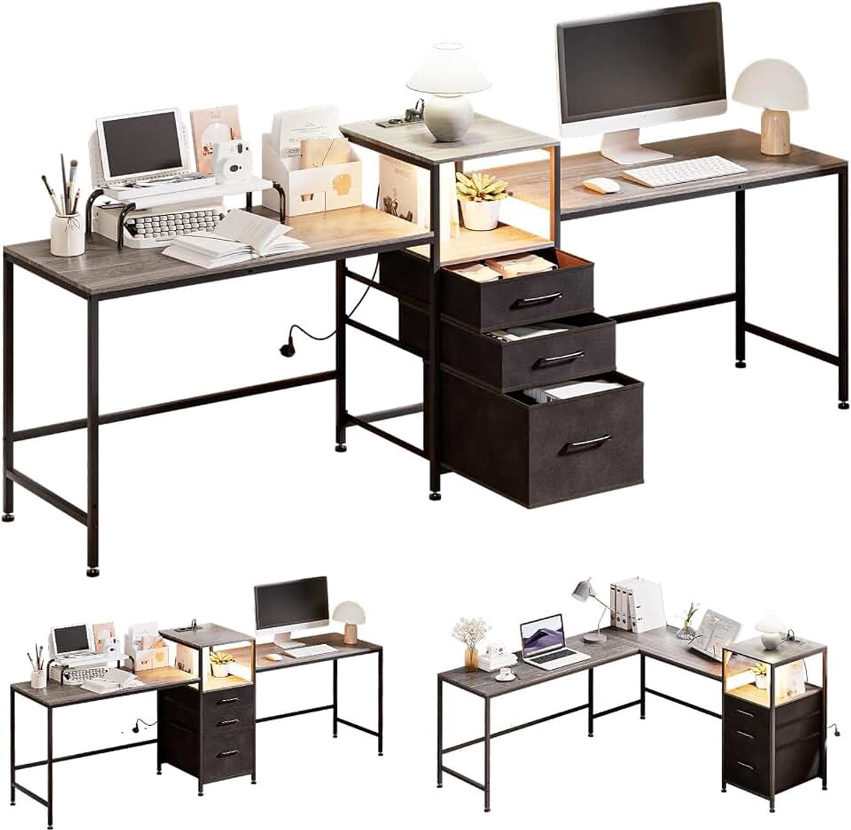Dubbele bureautafel bureau met stopcontacten: computertafel L-vorm met stoffen laden printerrek - LED gaming tafel hoekbureau voor kantoor studeerkamer woonkamer