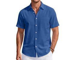 Linen Shirts for Men Beach Vacation Button Down Short Sleeve Untucked Dress Shirt Cotton Big and Tall Wedding Tops Blue 3XL