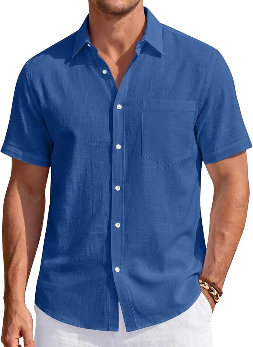 Linen Shirts for Men Beach Vacation Button Down Short Sleeve Untucked Dress Shirt Cotton Big and Tall Wedding Tops Blue 3XL