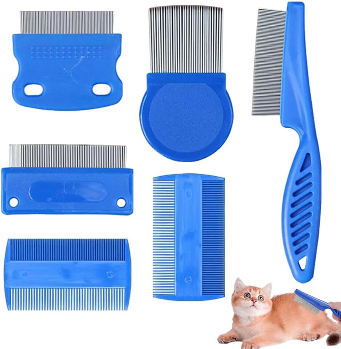 Kattenvlooienbescherming, 6 stuks, dubbelzijdige kam, fijne tanden, borstel voor honden en katten, kleur blauw, standaardmaat