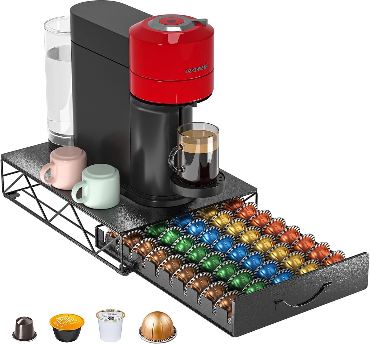 Opbergdoos voor 50 Nespresso Vertuo capsules & Dolce Gusto, metalen geruisloze koffiecapsuledispenser voor VertuoLine capsules met antislipvoetjes