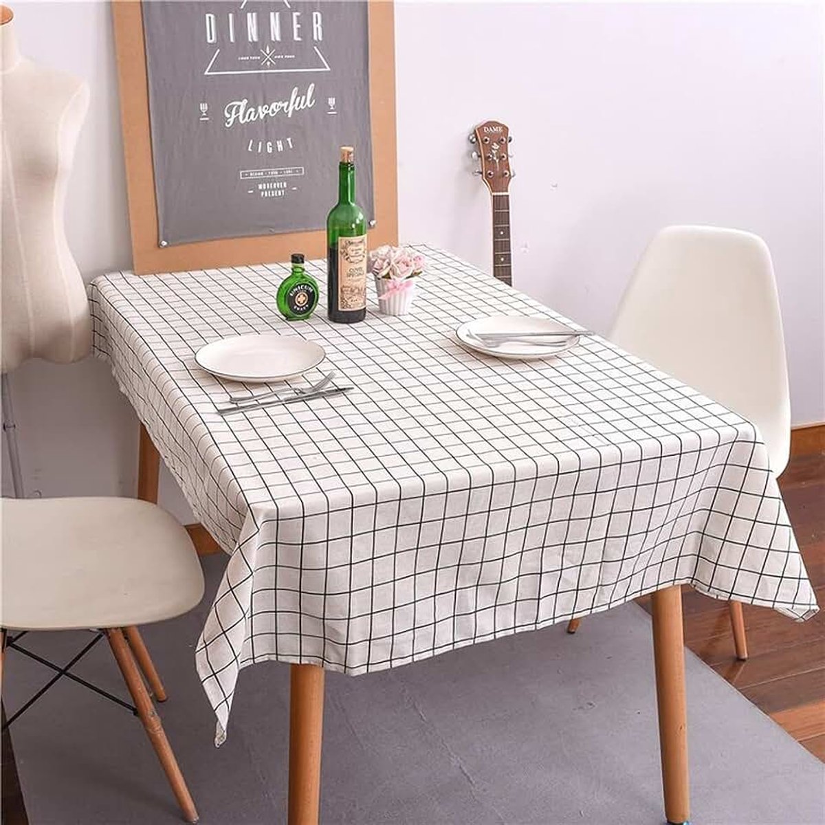 Modern en eenvoudig Zwart Wit Grijs Geruit Tafelkleed Katoen en Linnen Tafelkleed Hotel Thee Tafelkleed Multifunctionele Handdoek (Wit plaid, 120 * 120CM)