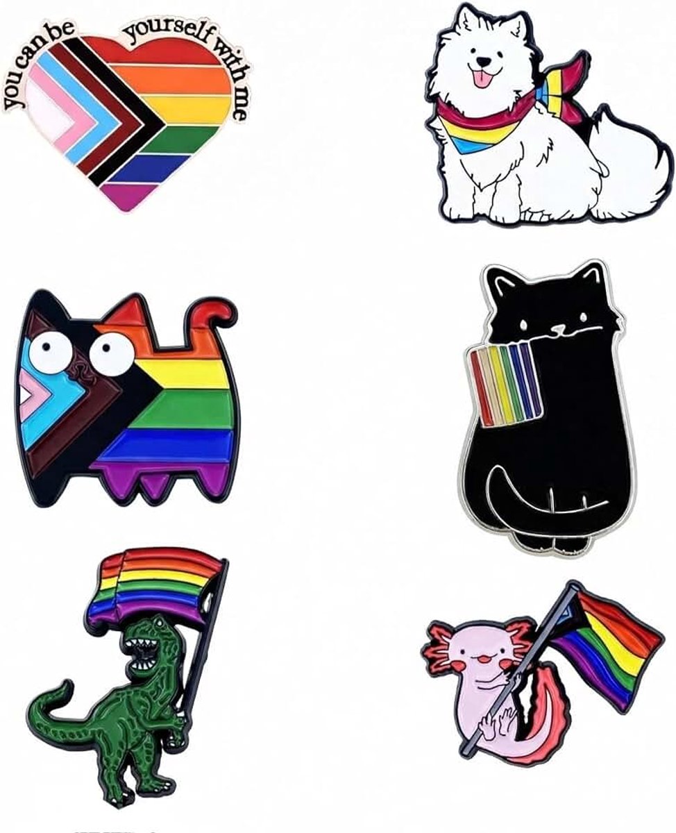 Regenboog emaille pinnen, 6 stuks Pride-badge, LGBTQ-accessoires grappige dinosaurussen, harten, Newts, katten, hond, Prides kledinggeschenken voor mannen en vrouwen