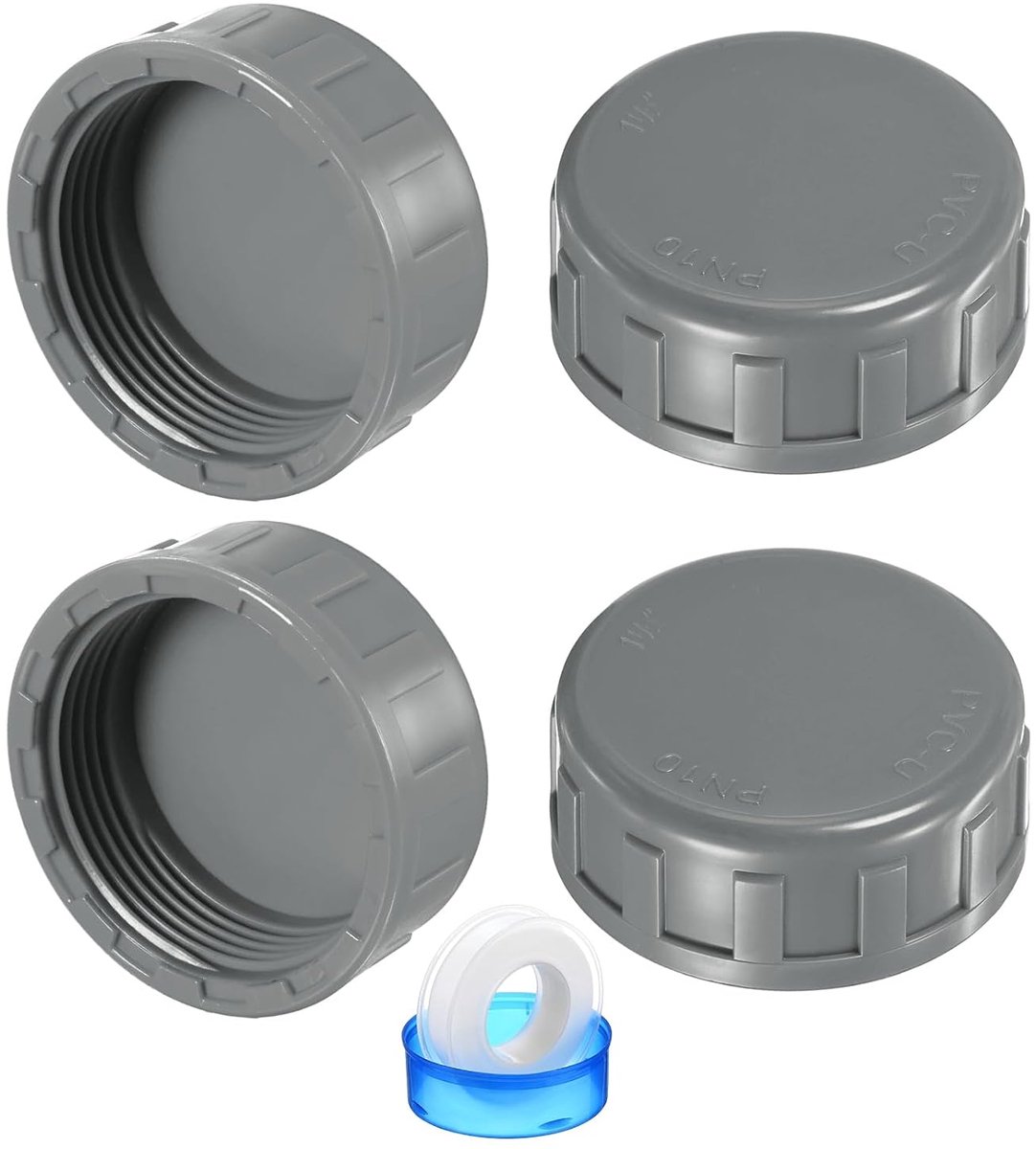 4-pack 1-1/2 inch PVC buis eindkap plug adapter, binnendraad water eindkap connector met afdichtingstape voor tuin/bewatering irrigatiesystemen, binnentanden eindpijppluggen [grijs]