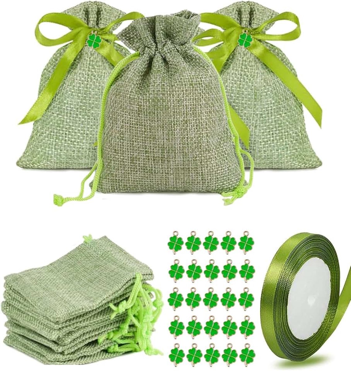 Set met 30 groene jute zakjes + 1 groen satijnen lint + 30 klaverblad hangers, 4 vellen voor cadeautjes, gastgeschenken, doop, bruiloft, communie, feest.