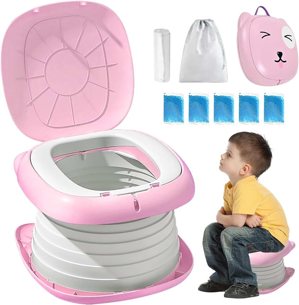 Toiletbril voor jongens en meisjes, draagbaar klaptoilet, vouwtoilet, toilet voor onderweg, kindertoilet met reservetassen (roze)