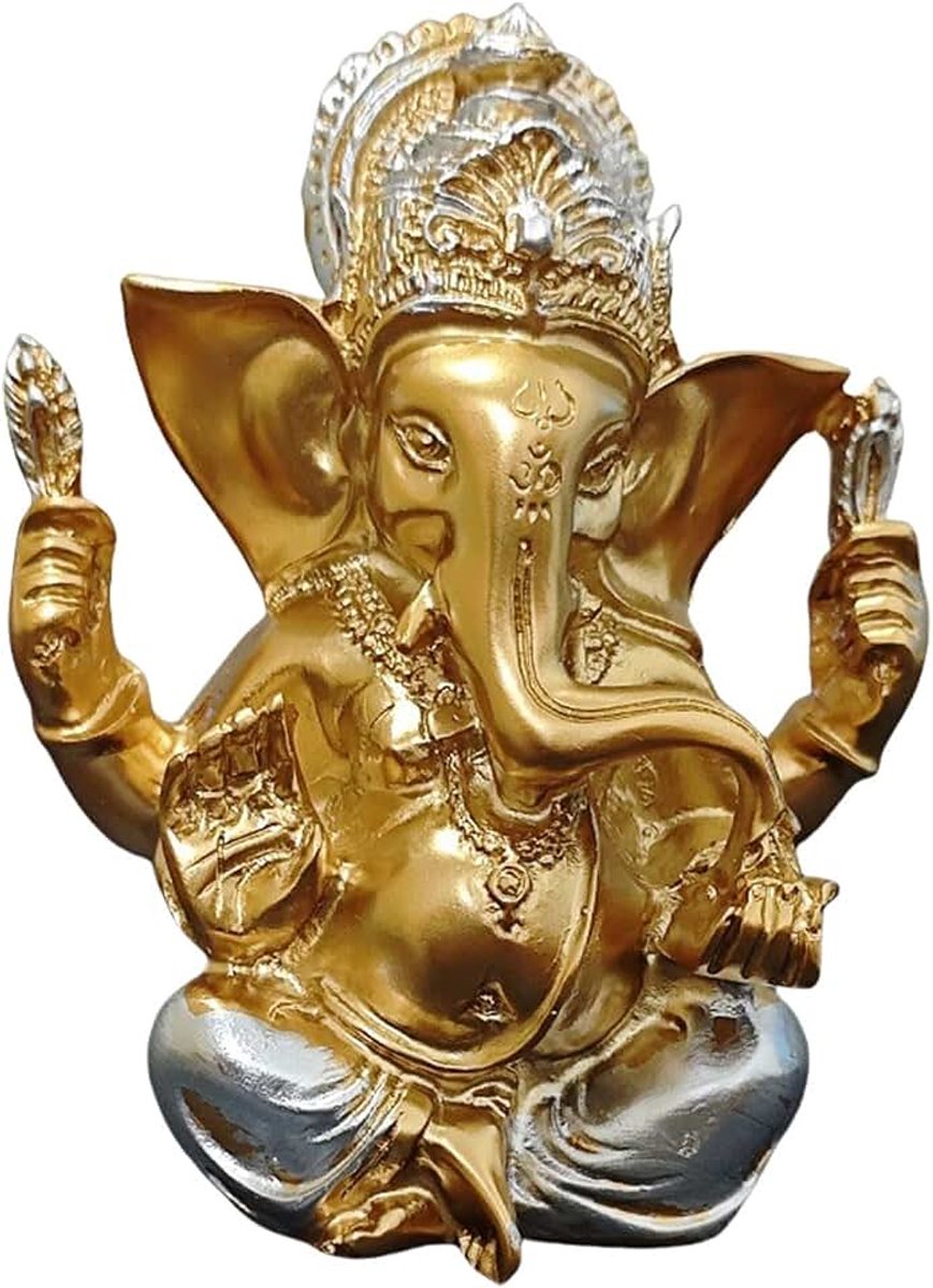 Ganesha-beelden, 1 stuk Hindoe-olifanten God sculptuur, kunsthars, Indiase Ganesha-idoolfiguur, olifanten, god, figuren, decoratie, ornamenten voor thuis, kantoor, auto (goud +