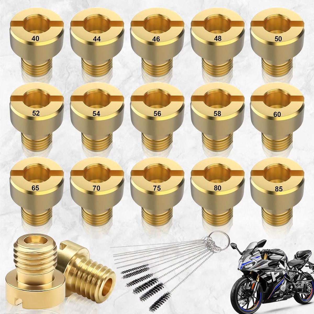 15 Stuks Carburateur Mondstukken, M4 Carburateur Main Jet Kit, 40, 44, 46, 48, 50, 52, 54, 56, 58, 60, 65, 70, 75, 80, 85, Carburateursproeiers voor Motorfiets(Met 16 Reinigingsgereedschap)