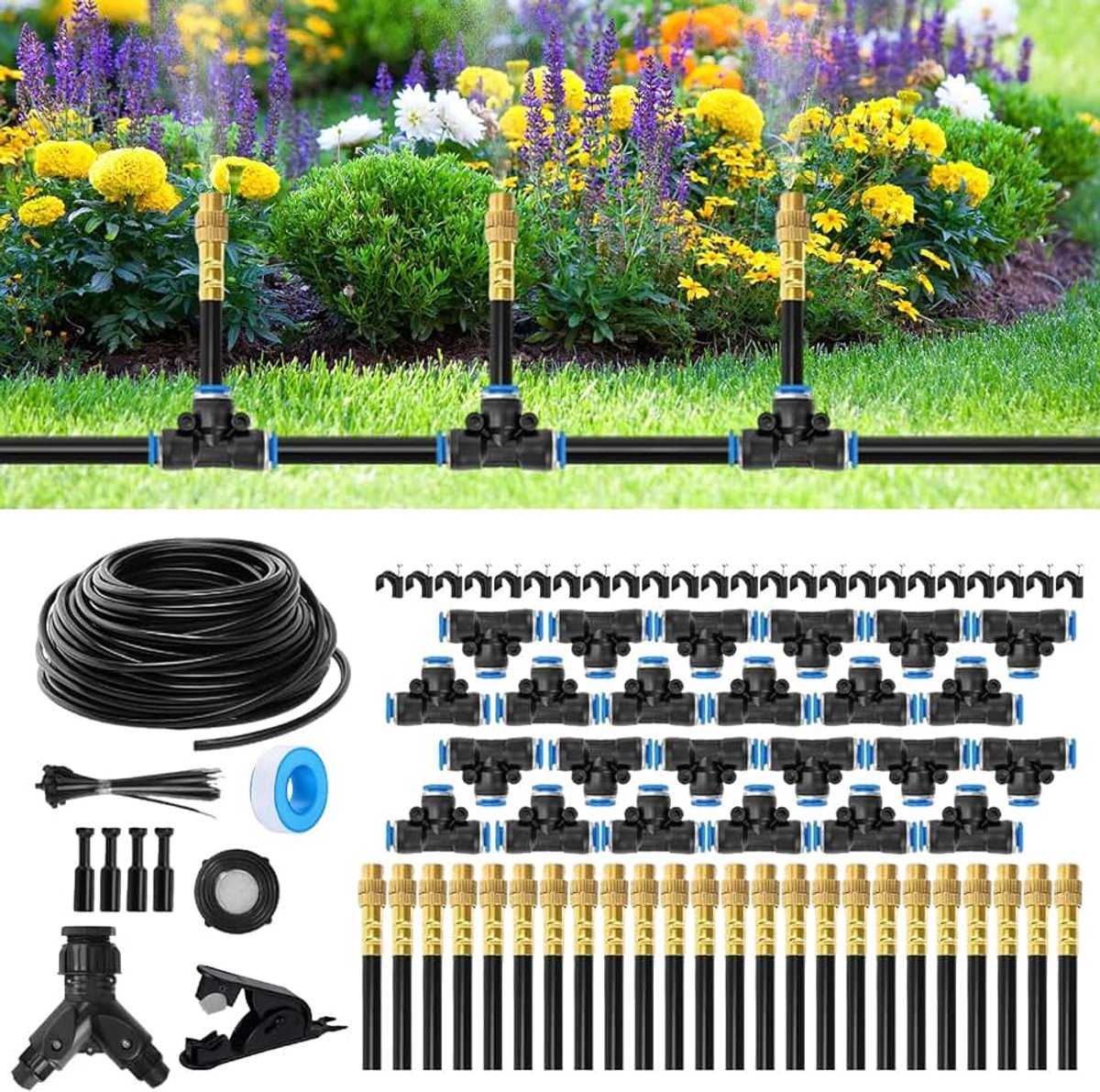 Tuin 360° automatische tuinirrigatiekit, 30 m slang + 24 universele sproeiers, Quick-Connect, waterbesparend, geschikt voor tuinen, kassen, balkonplanten en bloembedden