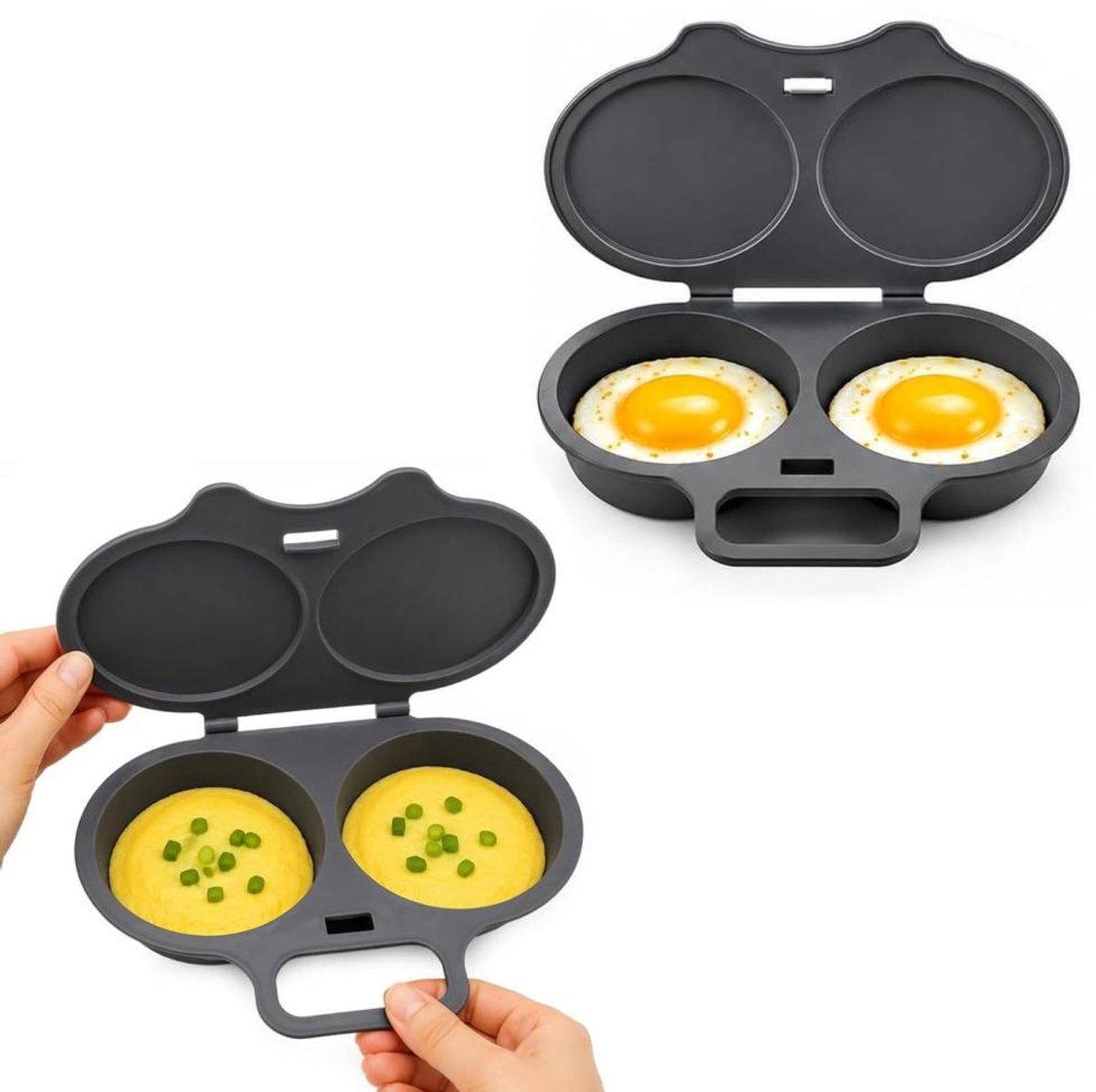 Magnetron Eierkoker - 2 Stuks - Stoompan Eieren - Eierstoompan - Eipocheerder - Microwave Egg Boiler - Maakt 2 Eieren - Snel Ontbijt -Egg Poacher - Ei Koker - Dubbele Houders - Gepocheerd Ei - Donkergrijs