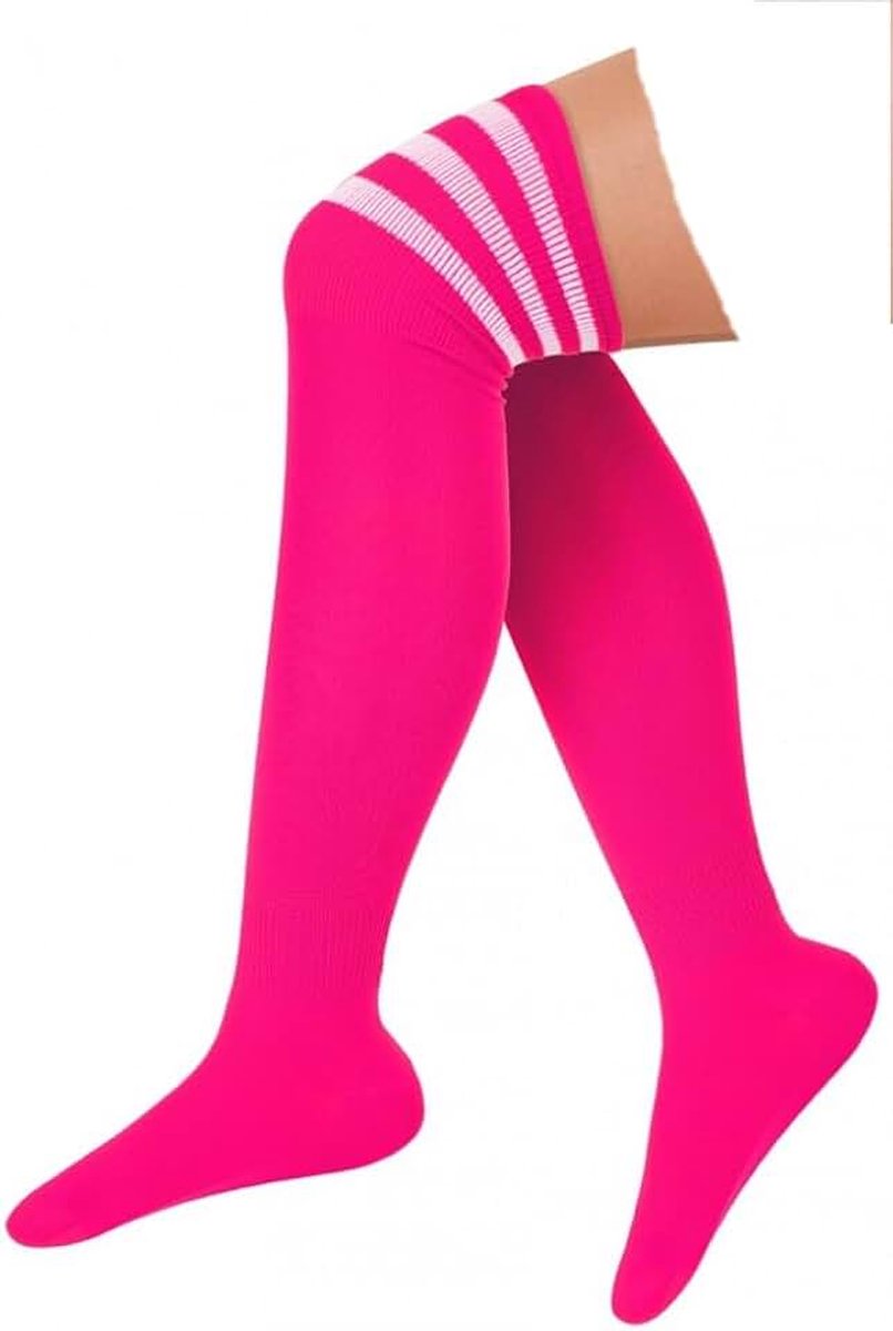 Krautwear Dames meisjes kinderen cheerleader kniekousen gestreepte overknees gestreepte kousen, neonroze, One size