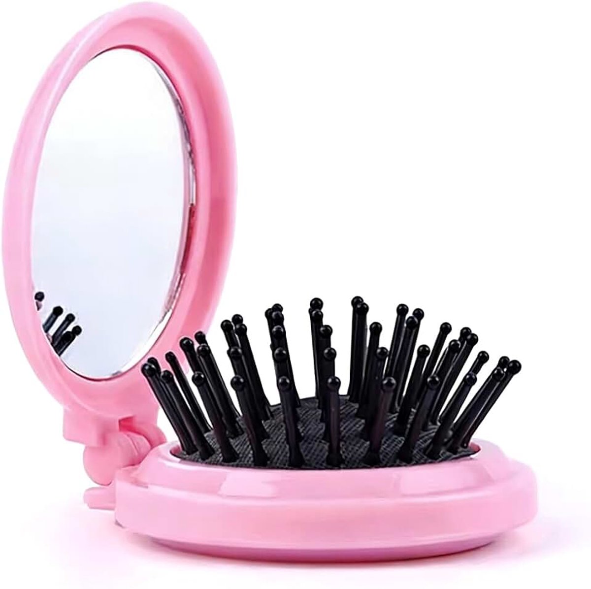 Rond, met kleine spiegel, opvouwbare reisborstel, draagbare klapkam, haarmassagekam, ronde borstel, compact, voor vrouwen en mannen
