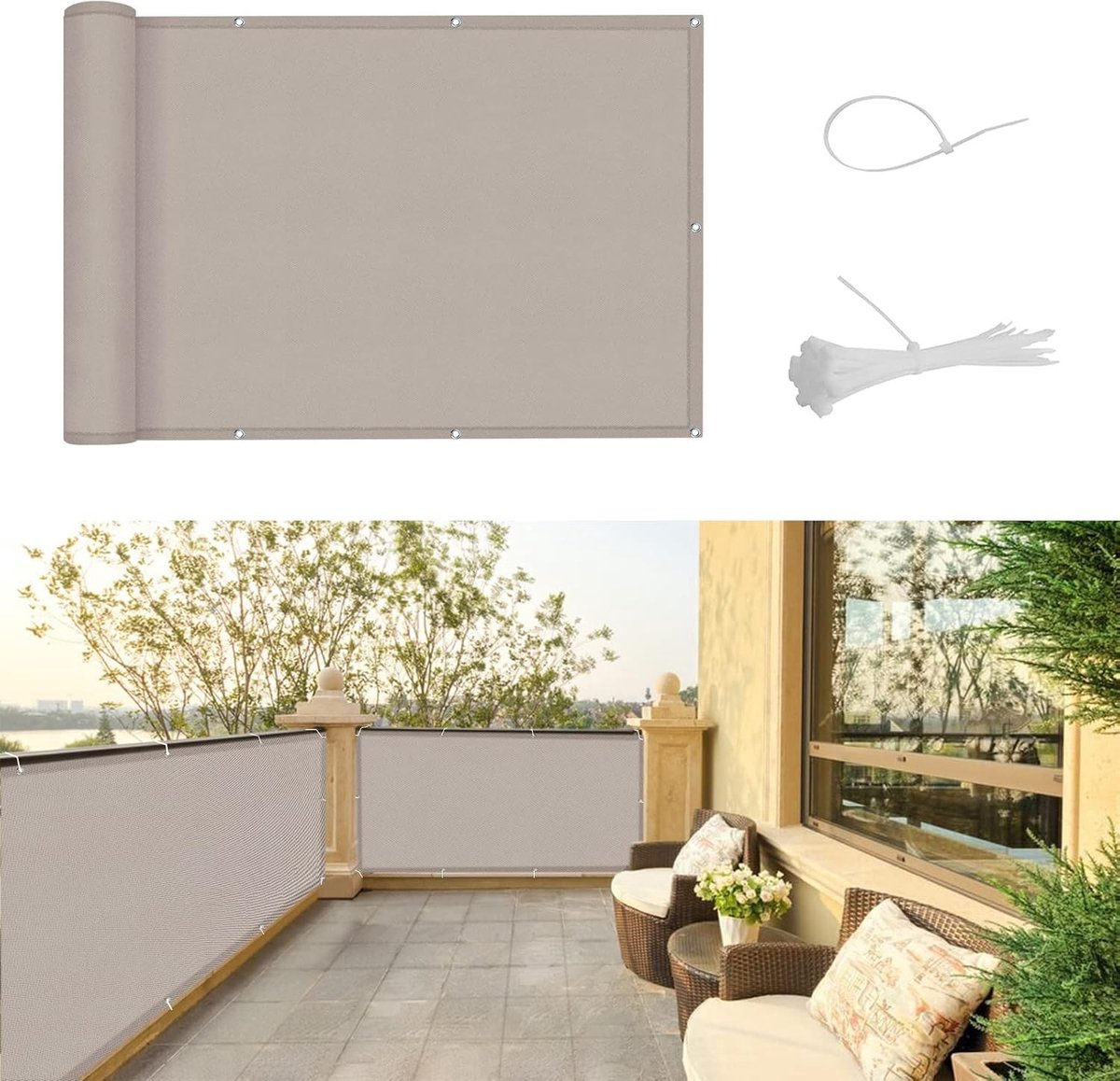 Balkonscherm - Taupe - 90 x 200 cm - Waterdichte Inkijkbescherming met Oogjes - Voor Balkon, Tuin en Terras