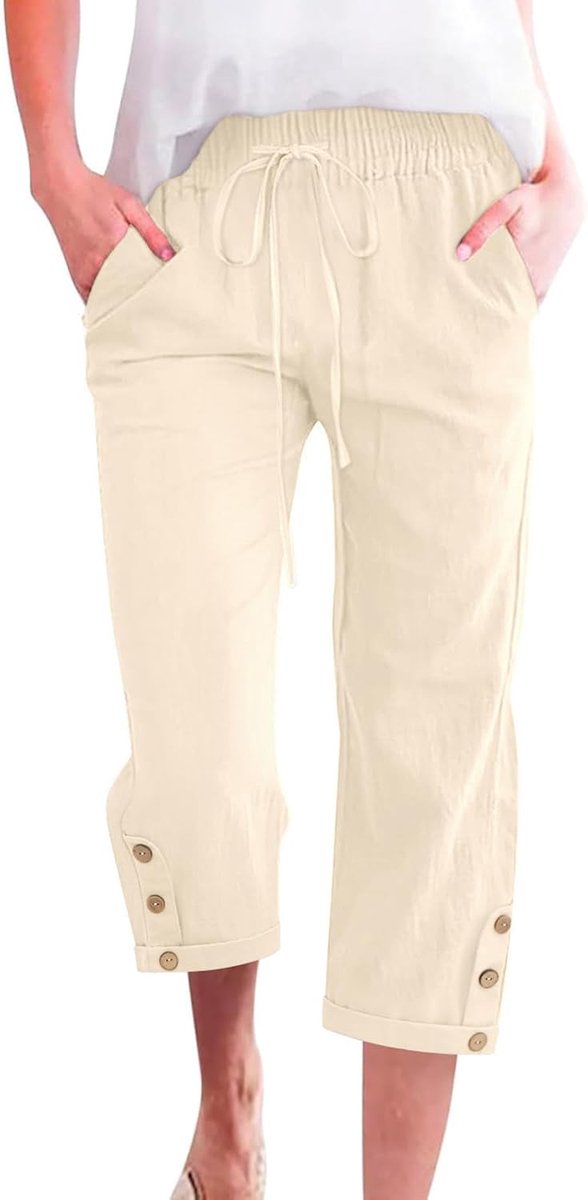 Korte Damesbroek met Elastische Taille, Katoenen Capribroek voor Dames, 3/4-lengte, Lichtgewicht Broek met 2 Zakken, Casual Werk, Strandbroek