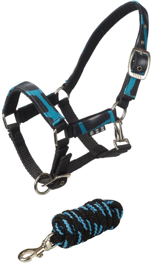 Zwart halster met blauwe camouflageprint en bijpassend touw.
